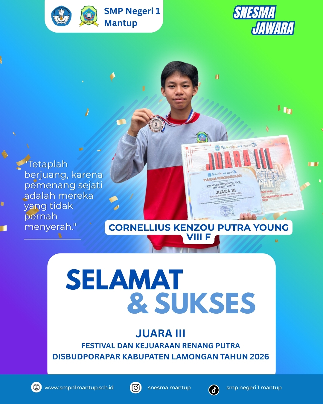 CORNELIUS KENZOU PUTRA YOUNG KELAS 8F JUARA 3 RENANG DI AJANG O2SN TINGKAT KABUPATEN