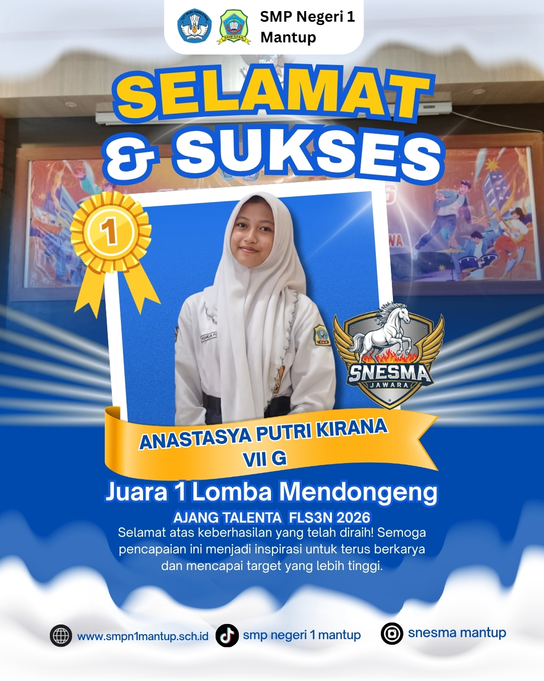 ANASTASYA PUTRI KIRANA SISWA KELAS 7G JUARA 1 FLS3N MENDONGENG TINGKAT KABUPATEN LAMONGAN 2026